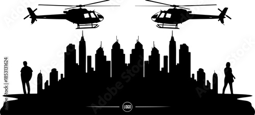Urban Rescue Helicopter Skyline Silhouette Logo Design