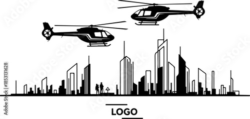 Urban Rescue Helicopter Skyline Silhouette Logo Design