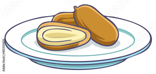 Whole and halved sweet date palm fruits served on a plate vector illustration for healthy eating concepts
