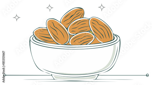Artistic Illustration of Almonds in Bowl with Sparkling Decoration, Healthy Snack Graphic