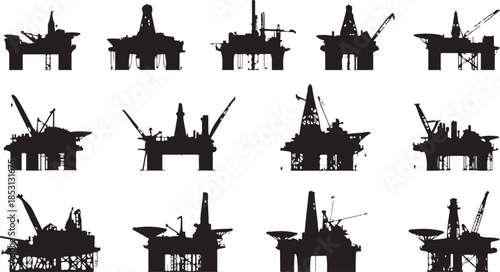 Twelve black silhouette illustrations of offshore oil drilling platforms with varying designs oil rig
