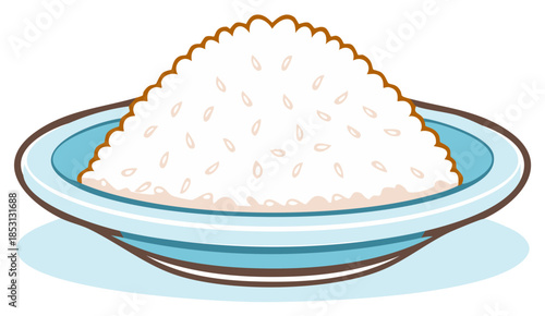 Simple cartoon illustration of a heaping mound of steamed white rice served in a blue bowl