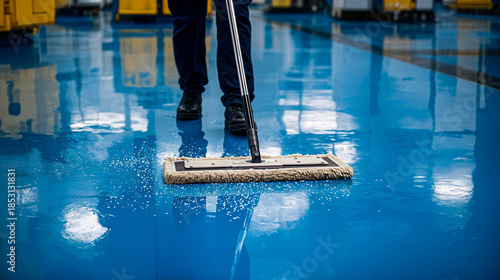 Professional janitor mopping shiny industrial floor in modern facility, commercial cleaning service concept with hygiene, maintenance, and workplace sanitation