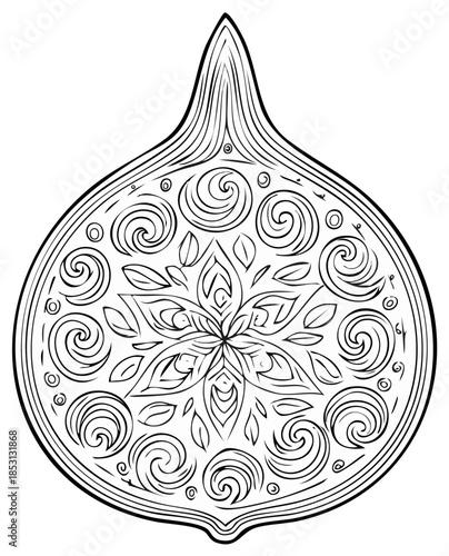 Decorative fig shaped ornament with intricate floral mandala and swirls line art for coloring page