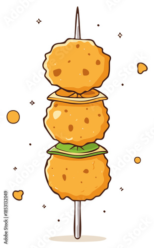 Isolated vector illustration of a fried fishball skewer a popular Asian street food snack