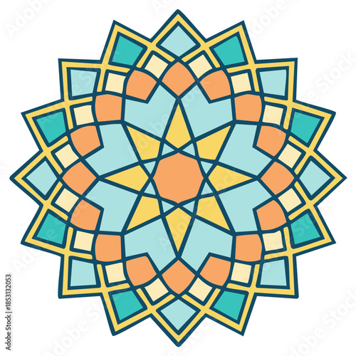 Ornamental geometric star pattern mandala design in muted colors
