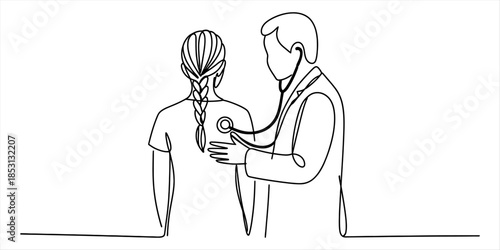 Continuous line drawing of a doctor using a stethoscope to examine a patient's back Vector, illustration