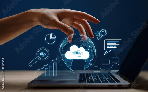AI cloud computing and data analytics concept. Businessman touching virtual globe with cloud AI icon image