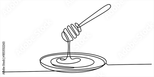 Continuous line art drawing of a honey dipper dripping honey onto a plate Vector, illustration