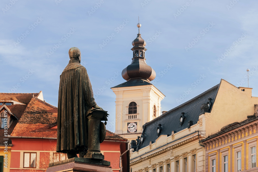 Fototapeta premium Statue of Bishop in Sibiu Old Town Square