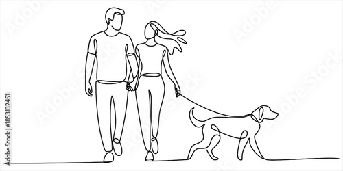 Continuous line art drawing of a romantic couple walking together with their pet dog Vector, illustration