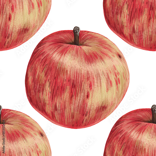 Seamless pattern red apple hand drawn watercolor illustration. Ripe tree fruit. Vitamin healthy food. Vegetable autumn harvest season. Background wall for packaging and fabric.