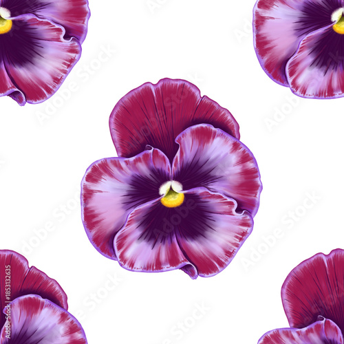Seamless pattern bud violet pansy flower hand drawn watercolor illustration. Blooming plant. Botanical flora nature. Purple petal viola. Background wall for packaging and fabric.