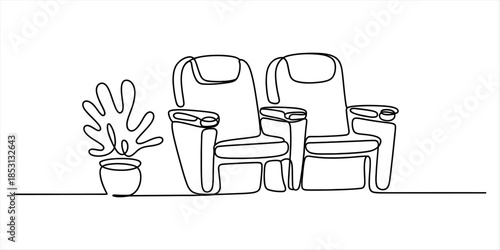 Simple single line art showing a row of seats for travel with a potted plant Vector, illustration