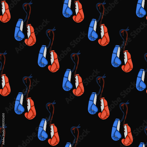 Seamless pattern boxing gloves set hand drawn watercolor illustration. Sports equipment for fighting sparring in the ring. Background wall for packaging and fabric.