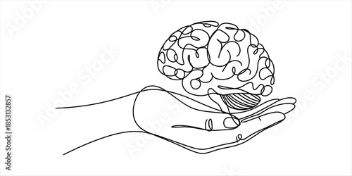 Continuous line art illustrating a hand holding a human brain, symbolizing mental health awareness Vector, illustration