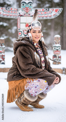 Woman in brown faux-fur jacket and fringed suede skirt crouches in snowy landscape, wearing feathered dreamcatcher accessory, patterned tights, fur-trim moccasins and feather headdress near totem pole