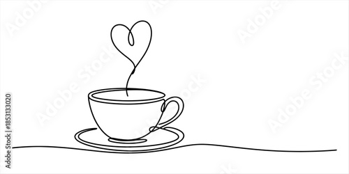 A simple continuous line drawing of a cup of coffee with steam forming a heart shape Vector, illustration