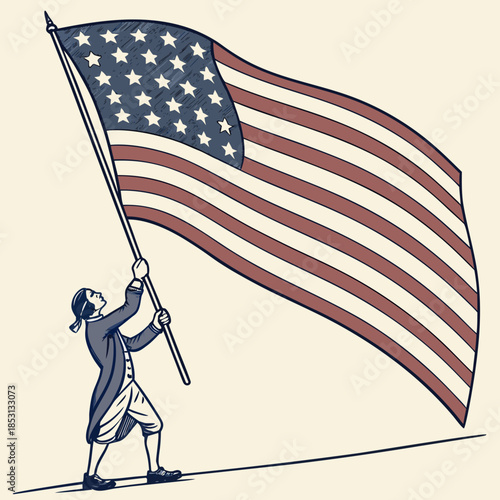 Triumph of Liberty: A figure of historical reverence, hoisting aloft the star-spangled banner in a symbolic embodiment of freedom, embodying the ideals of liberty.