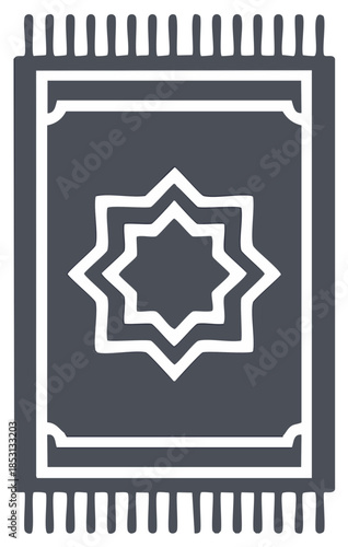 Islamic prayer rug icon with traditional geometric star pattern and fringe, religious devotion symbol