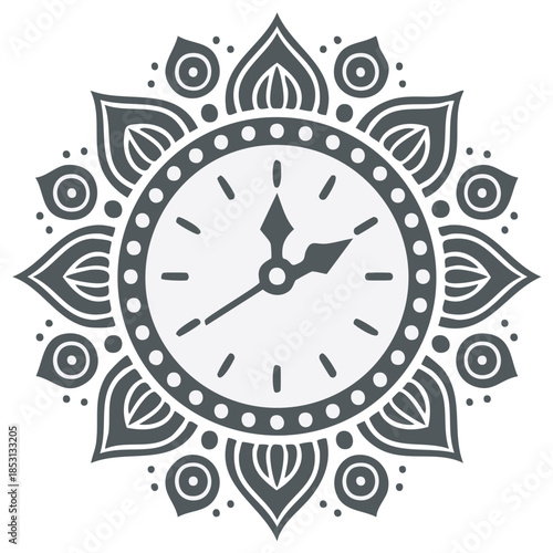 Decorative clock face with floral ornamental border, vintage style time illustration, gray design element for graphic projects