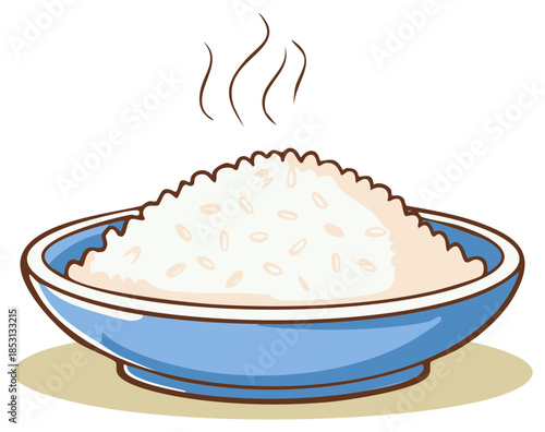 Steaming hot white rice in a blue bowl cartoon illustration fresh cooked meal