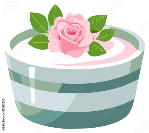 Artistic vector illustration of a decorative bowl with a delicate pink rose and fresh green leaves