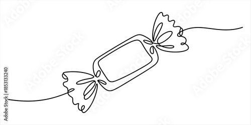 Minimalist continuous line drawing of a wrapped candy with a bow-like twist on a white background Vector, illustration