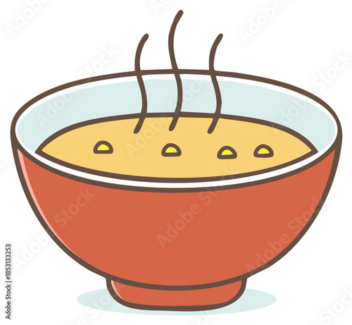 Cartoon illustration of a bowl of hot soup with steam rising.