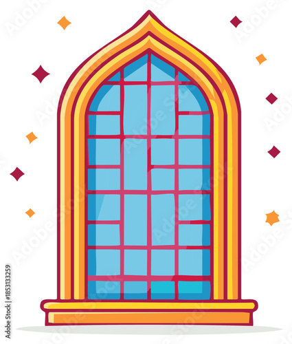 Ornate Gothic arched window with a golden frame and sparkling magical light.