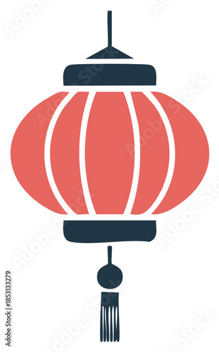 Red and navy traditional Asian lantern with tassel hanging isolated on white background