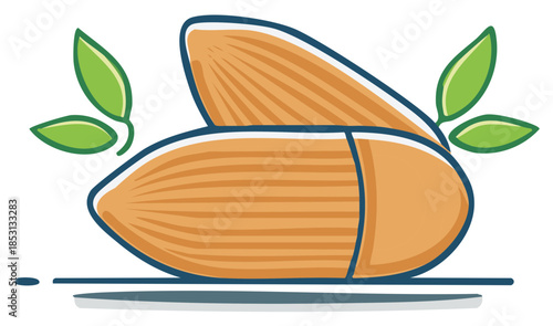 Two Almonds With Green Leaves Illustration Style, Organic Healthy Snack, Vegan Protein, Natural Food