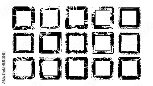Grunge distressed hollow square frame set – 12 square icons in a 3x4 grid