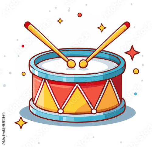 Playful cartoon musical drum with drumsticks bright fun children toy illustration