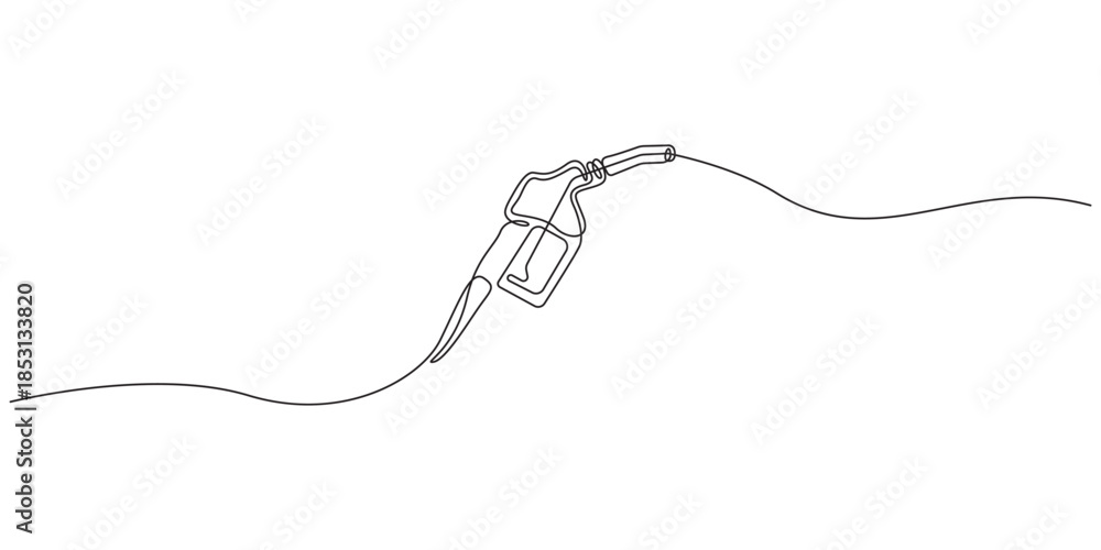 Fototapeta premium Refueling gas gun dispenser continuous one line drawing, Petrol industry business car diesel pump refuel headline, Gasoline pistol isolated on transparent background.