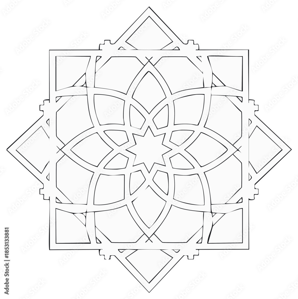 Fototapeta premium Intricate Islamic geometric pattern with central star and floral motifs elegant symmetrical line art design
