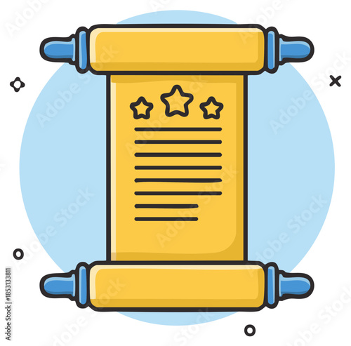Scroll document with stars and text rendered in a stylized flat design