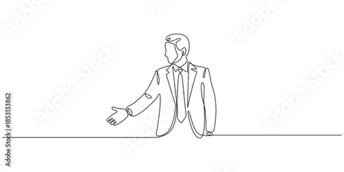 Continuous one line drawing of a businessman offering a handshake, greeting gesture on transparent background, Minimalist concept Vector illustration.