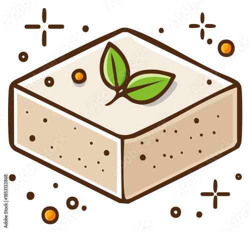 Cartoon tofu cube with basil leaves and decorative stars, food illustration