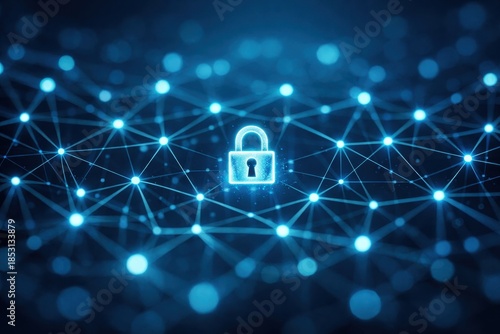 Abstract Cybersecurity Network Background with Glowing Nodes, Secure Digital Grid, Blue Technology Data Protection Concept