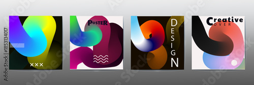 Colorful abstract shapes and text designs on square backgrounds