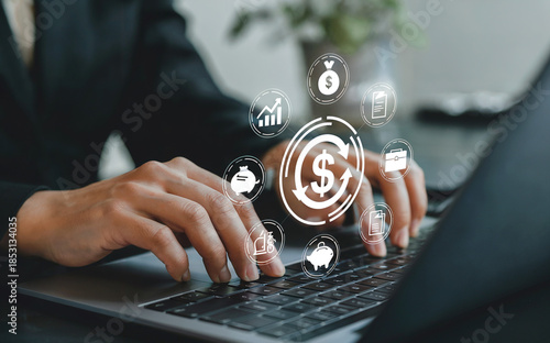 Businessman working on laptop with payroll management system icons image