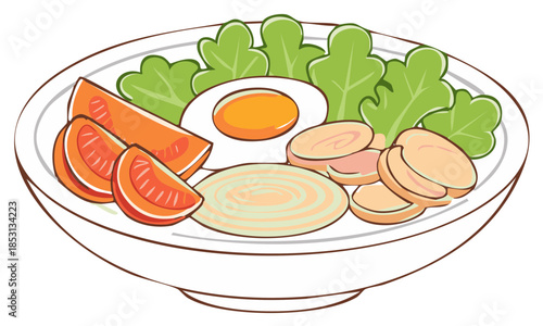 Cartoon vector illustration of a healthy salad bowl with egg lettuce tomato and sliced meat