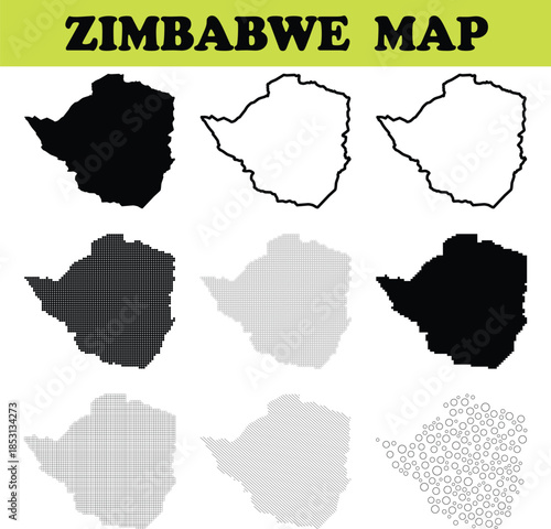 Illustration of Zimbabwe map shapes in various styles including solid black outline dotted patterns and abstract shapes all isolated on transparent background