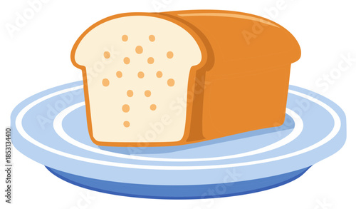 Freshly baked sliced white bread loaf on a blue serving plate illustration