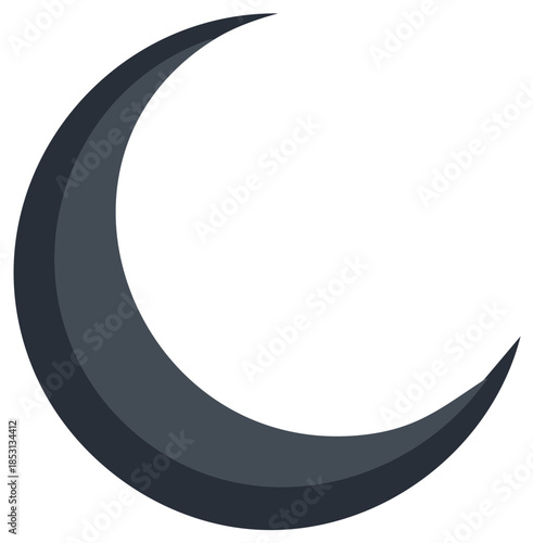 Stylized dark gray crescent moon icon with a three dimensional shadow effect