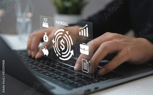 Businessman working on laptop with payroll management system icons image