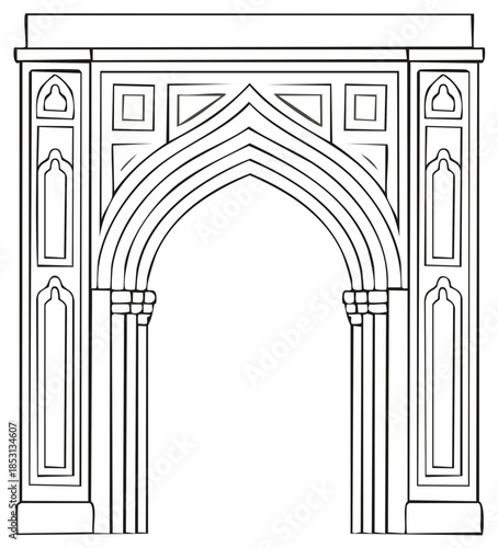 Architectural archway illustration depicting ornate historic gateway design.