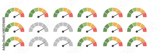 speed dial, gauge, and rating meter icon set in vector style, showing measurement scales and levels for professional, technical, and business graphic applications.