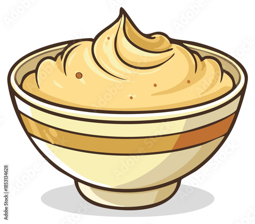 Cartoon Bowl Full of Creamy Dessert or Dip Food Illustration with Smooth Texture and Appetizing Swirl Topping
